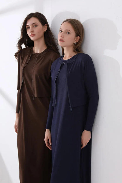 Women's Zipper Cardigan & Ankle Maxi Dress | Nature Fiber Ribbing Fabric - Dhavinci