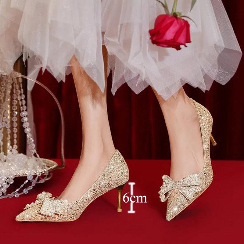 Sweet Bowknot Pumps | Women’s Gold & Silver Wedding Party Shoes - Dhavinci