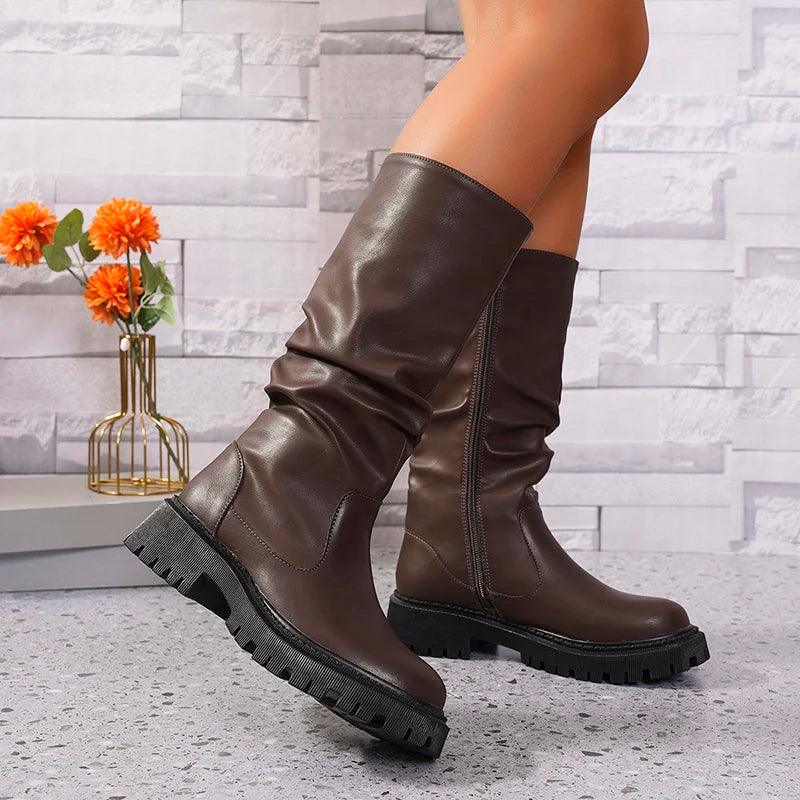 Fashion Pleated Platform Motorcycle Boots for Women | Non-Slip Knee-High - Dhavinci