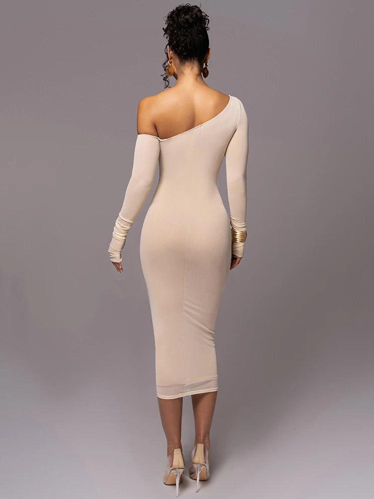 Diagonal Collar Long Sleeve Midi Dress | Backless Ruched Bodycon Party Dress - Dhavinci