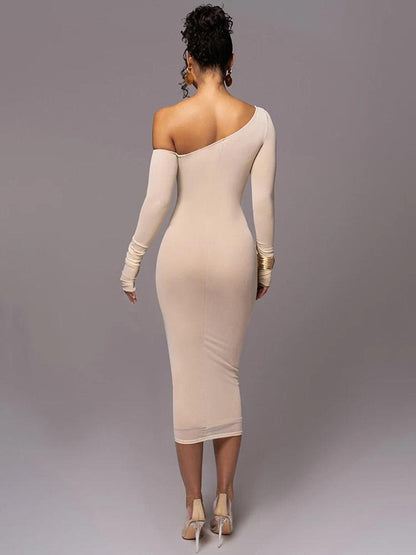 Diagonal Collar Long Sleeve Midi Dress | Backless Ruched Bodycon Party Dress - Dhavinci