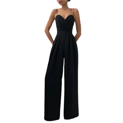 Elegant Ladies Jumpsuit | V-Neck, Lace Embroidered, Wide Leg - Dhavinci