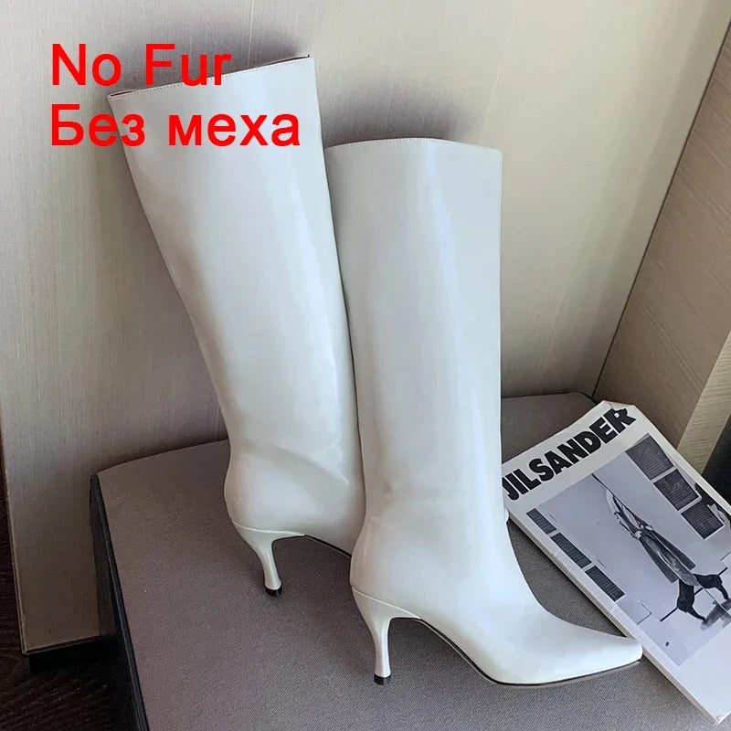 JOZHAMTA Size 33-40 Women Knee Boots Genuine Leather Luxury Band Thin High Heels Winter Shoes Woman Pointed Toe Sexy Long Boots - Dhavinci