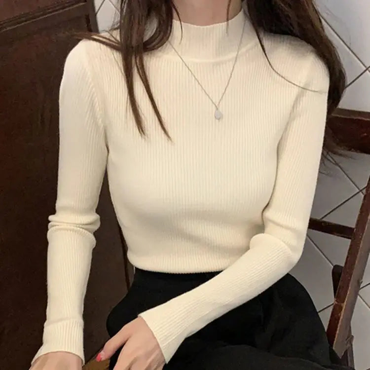 Autumn Winter Mock Neck Sweater | Vintage Solid Knit Pullover for Women - Dhavinci