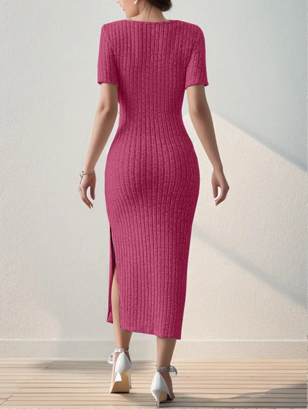 Summer Square Neck, Hip-Hugging Mid-Length Skirt, Short-Sleeved, Versatile Knitted Slit Dress - Dhavinci