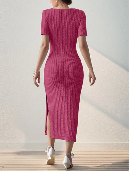 Summer Square Neck, Hip-Hugging Mid-Length Skirt, Short-Sleeved, Versatile Knitted Slit Dress - Dhavinci