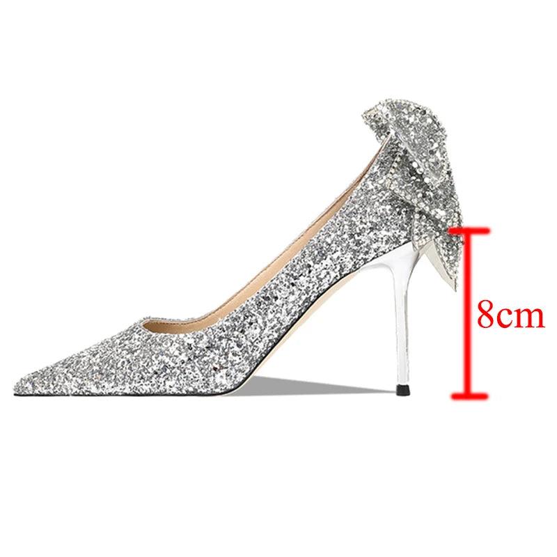 Bling Sequins Women's Pumps - Silver Shiny Bowknot High Heels - Dhavinci