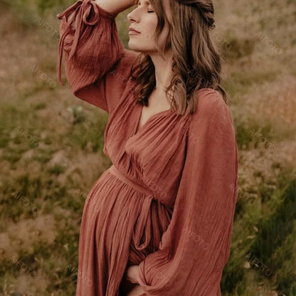 Bohemian Maternity Photography Dresses Vintage V Neck Linen Cotton Elastic Waist Soft Pregnancy Dress Photoshoot Women's Gowns - Dhavinci