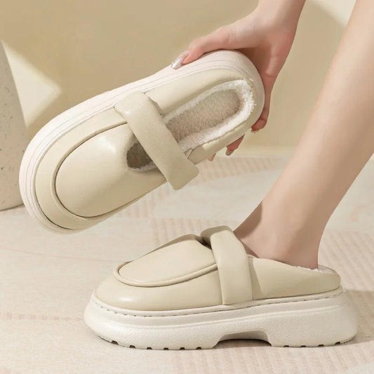 Fashion Design Plush Slippers for Women | Winter Leather Soft Sole Slides - Dhavinci