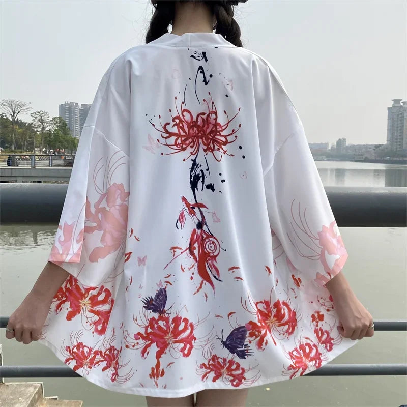 Bebovizi Japanese Style Flaming Phenix Print Cardigan Kimono Harajuku Women Men Sexy Yukata Female Streetwear Traditional Haori - Dhavinci