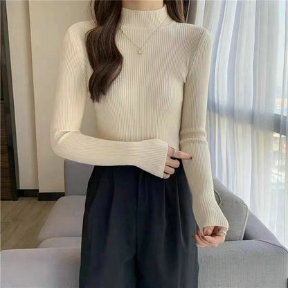 Women Long Sleeved Turtleneck Sweater Harajuku Pullover Women Knit Sweater Slim Elastic Korean Simple Basic Jumper Solid Tops - Dhavinci