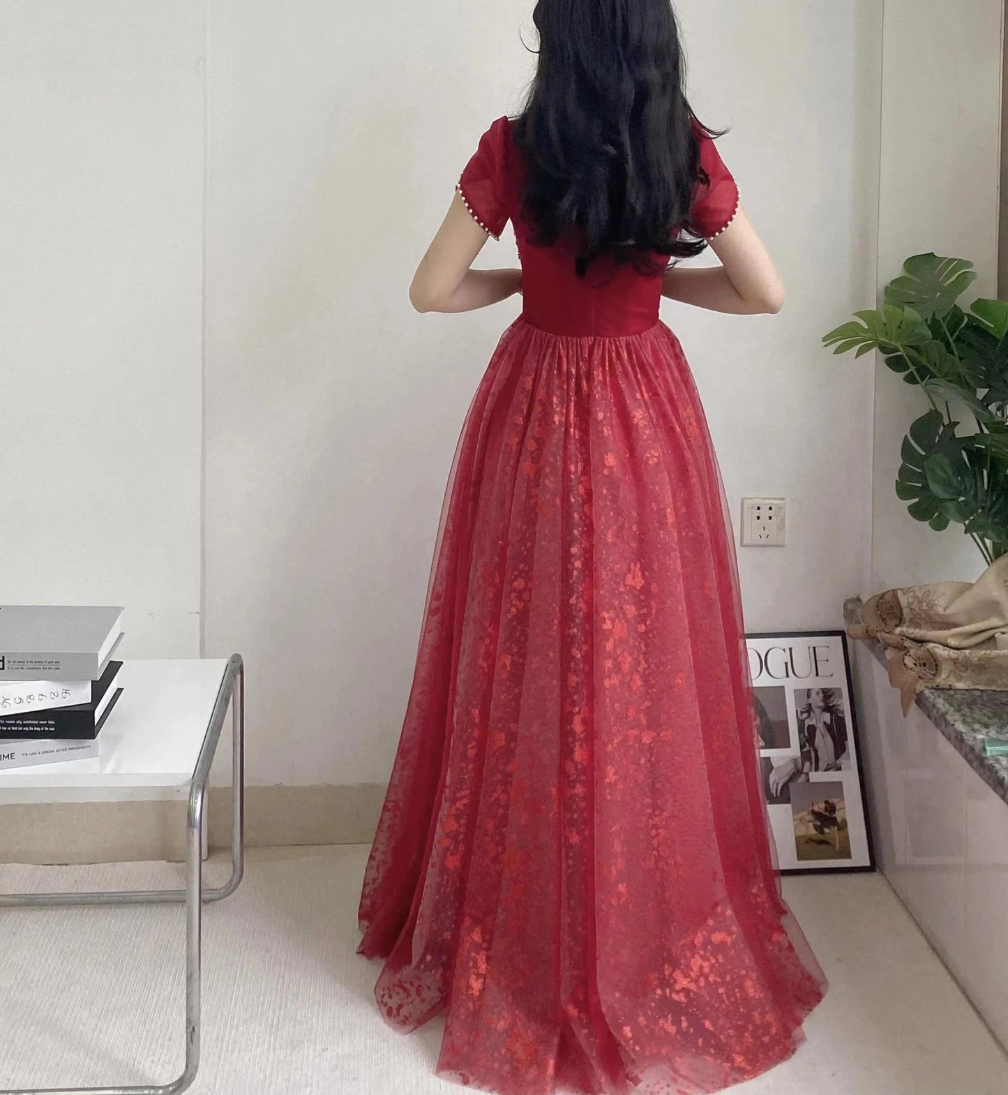 Mandarin Collar Pearls Bachelorette Party Dress Women Elegant Luxury Vintage Red Prom Dress Long - Dhavinci