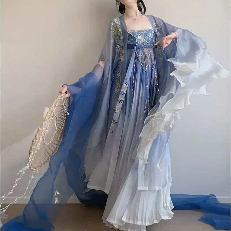 Blue women's embroidery Hanfu Chinese traditional style round neck robe girl spring and summer new adult performance gown - Dhavinci