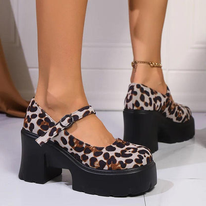 Leopard Print Platform Pumps for Women | Buckle High Heel Mary Janes - Dhavinci