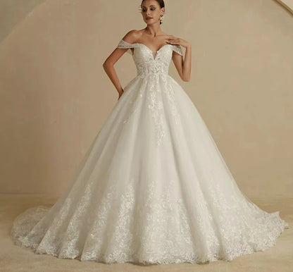 Princess Sweetheart Wedding Dress | Ivory Glitter Skirt & Court Train - Dhavinci