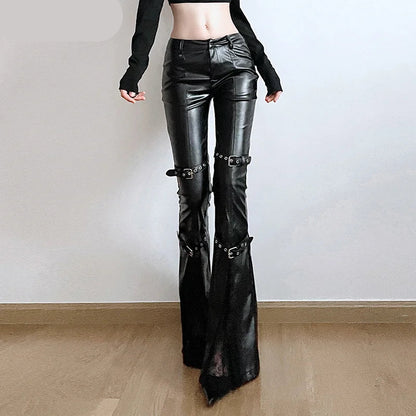 Faux Leather Flare Pants | Women’s Goth Buckle Lace Streetwear - Dhavinci