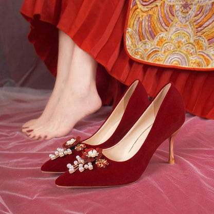 Spring Pearl Flower Wedding Shoes for Brides - Elegant Thin Heels - Dhavinci