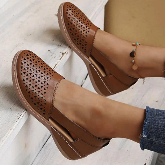 Vintage Hollow Out Wedges for Women | Summer Leather Loafers Slip-On Flats - Dhavinci