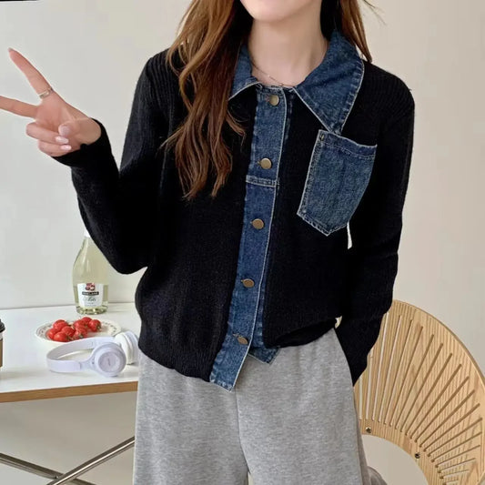 Small Spring Autumn Outerwears Female Jeans Coat Short Black Patchwork Crop Women's Denim Jackets Knitted 2024 New Collection In - Dhavinci