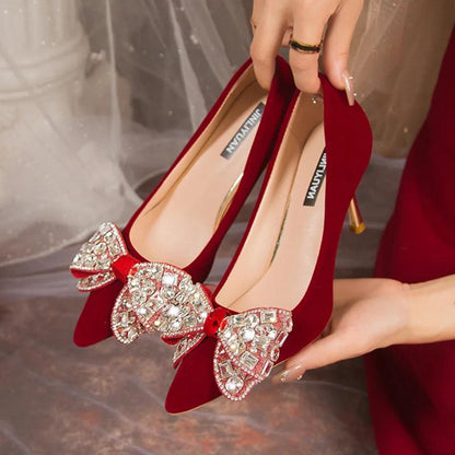 Red Bling Big Crystal Pumps - Bowtie Flock Wedding Party Shoes - Dhavinci