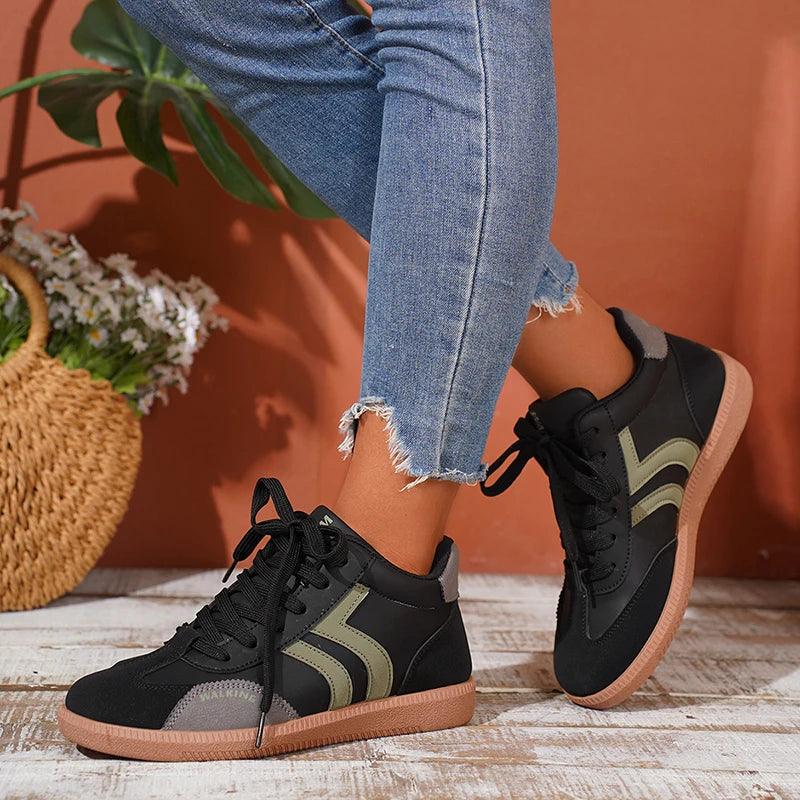 Mix Color Vulcanized Shoes for Women | Lace-Up PU Leather High-Top Sneakers - Dhavinci