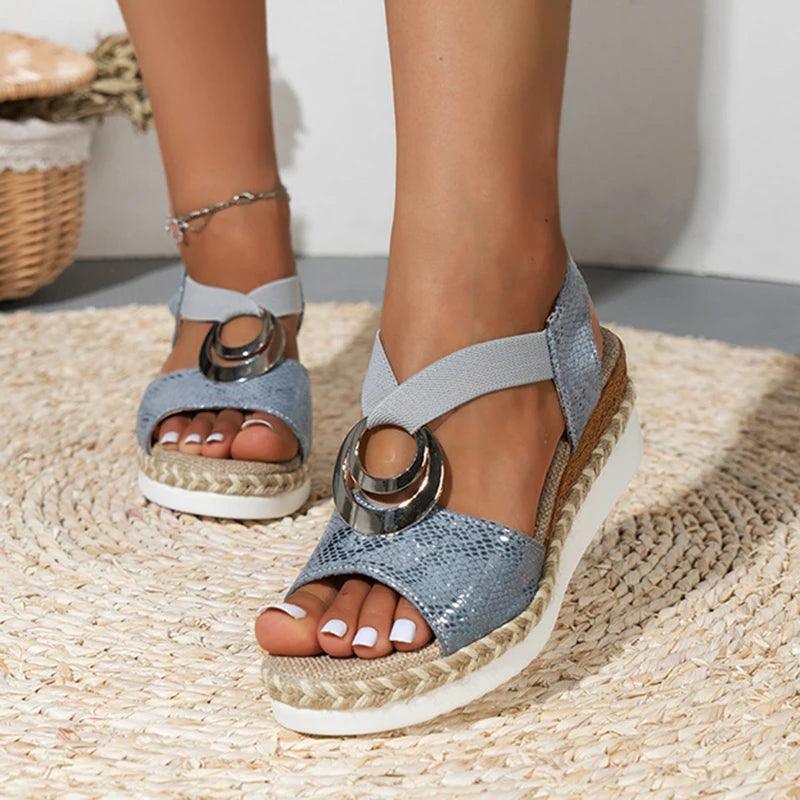 Snake Print Wedge Sandals - Metal Decor Gladiator Shoes - Dhavinci