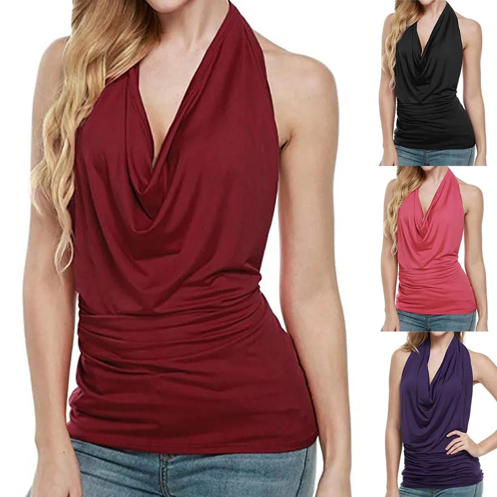 Pink Halter Drape Tank Top | Sexy Backless Camisole - Dhavinci