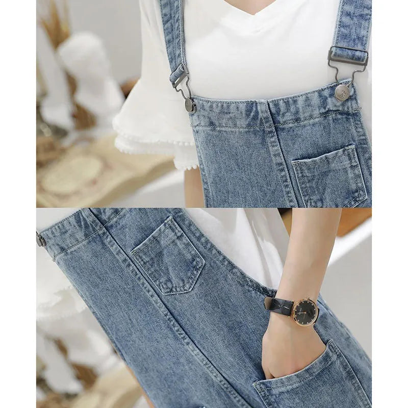 Biyaby Washed Denim Jumpsuit Women Casual High Waist Blue Wide Leg Pants Female 2024 Spring Korean Loose Pockets Jean Overalls - Dhavinci