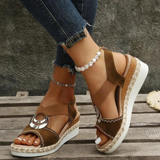 Metal Decoration Platform Sandals for Women | Elastic Band Wedge Heel Shoes - Dhavinci