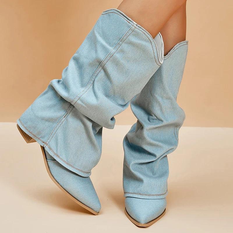 Pleated Denim Knee High Boots for Women | Pointed Toe Cowboy Boots - Dhavinci