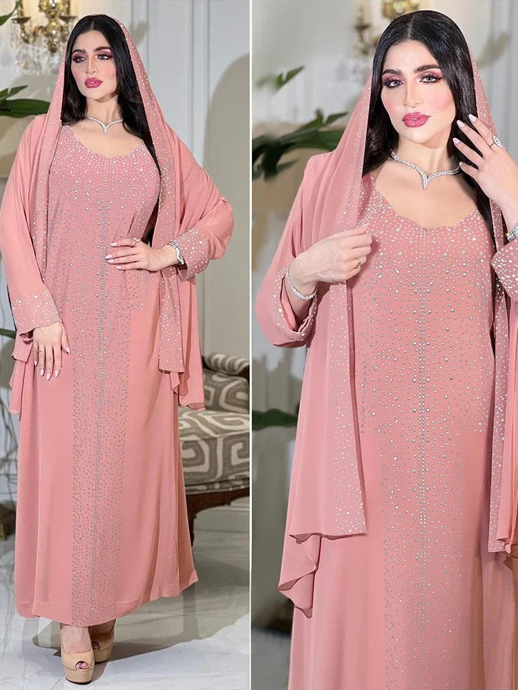 Saudi Arabic Party Dress for Women Abaya Muslim Diamond Hijab Dresses Set 2 Piece Vestidos Mujer Morocco Kaftan Abayas Robe 2023 - Dhavinci