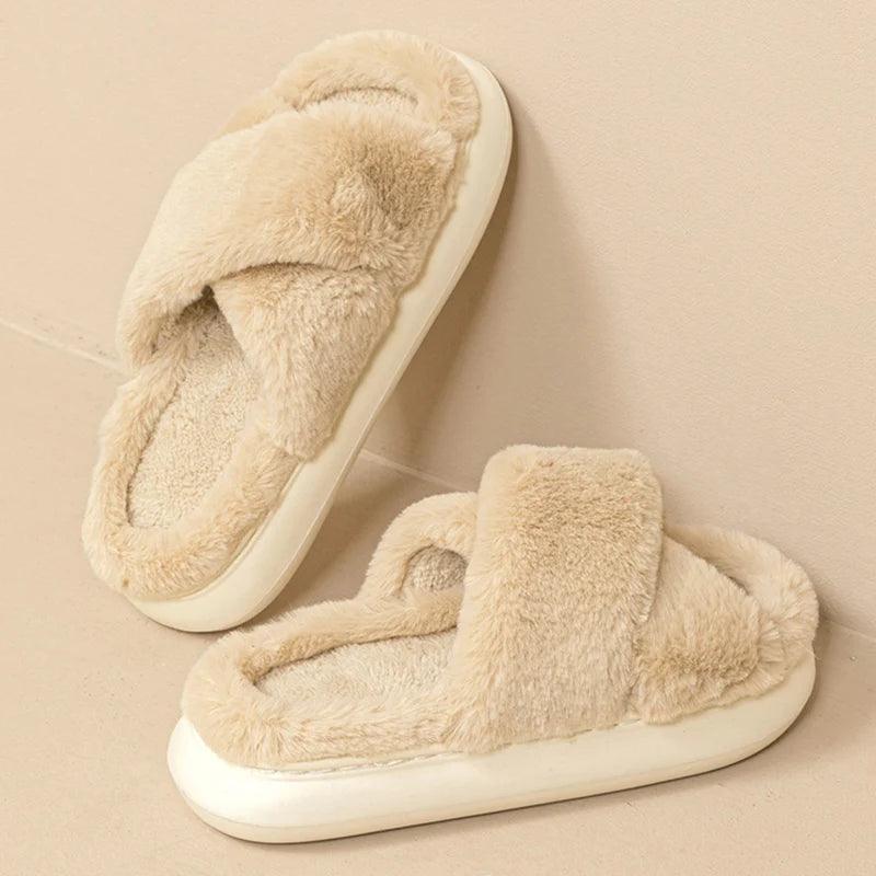 Thick Platform Fur Slippers for Women | Winter Plush Non-Slip Slides - Dhavinci