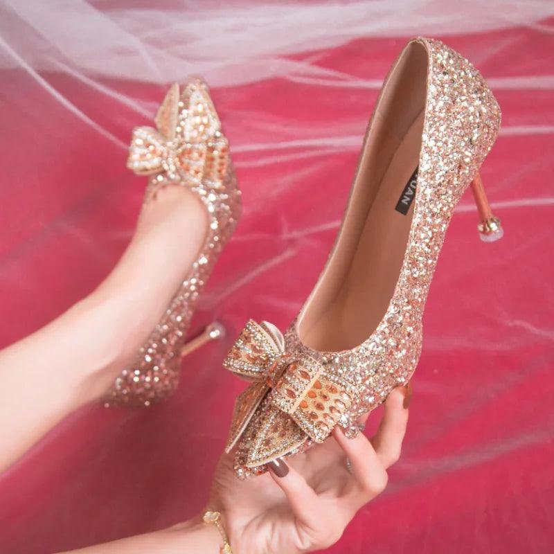 Bling Bridal Shoes for Women - Crystal Bow Thin Heels Pumps - Dhavinci