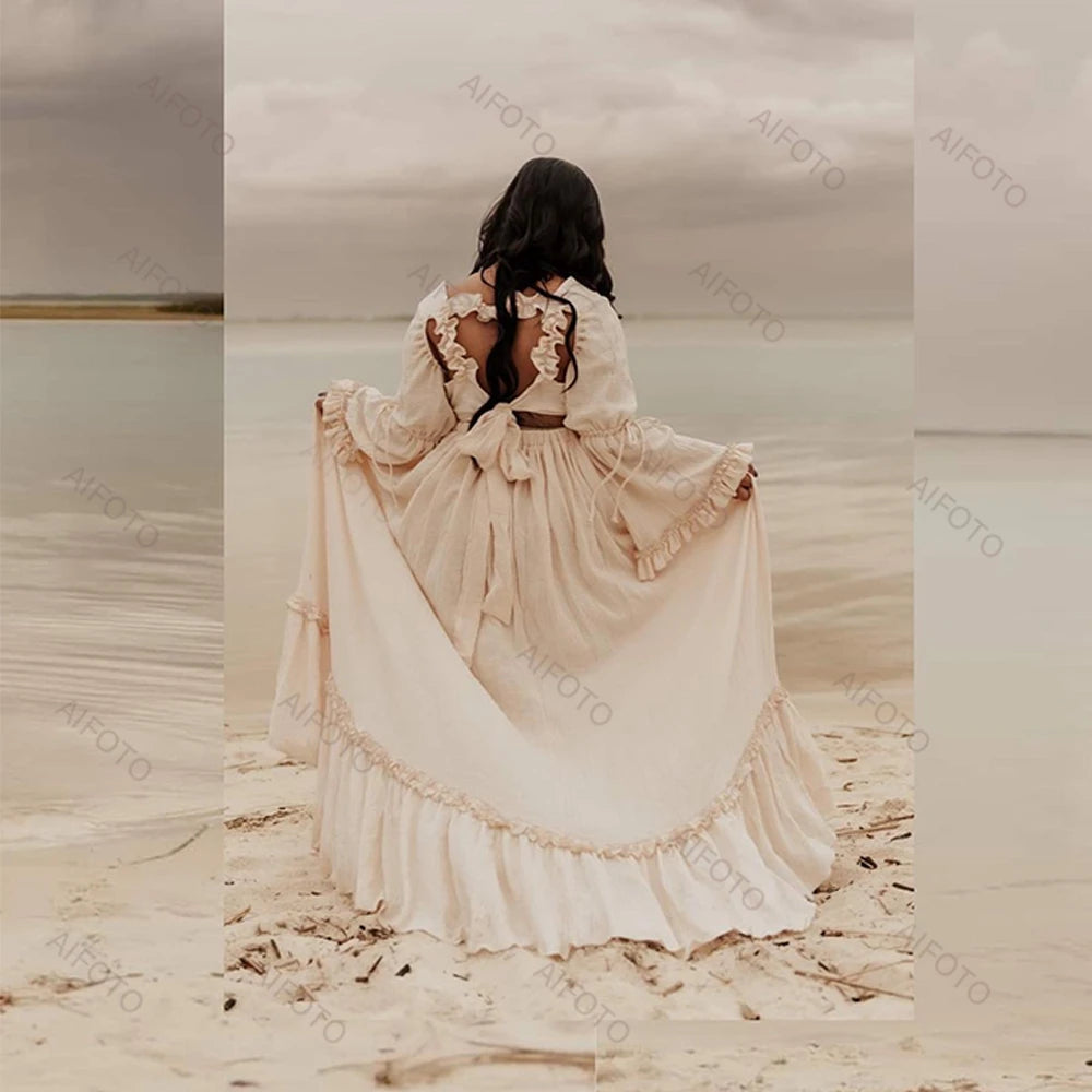 Maternity Photography Gown Linen Cotton Bohemian Ruffled Butterfly Dew Back Dress Pregnant Women Dresses For Photo Shooting - Dhavinci