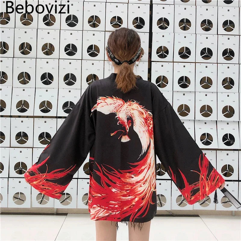 Bebovizi Japanese Style Flaming Phenix Print Cardigan Kimono Harajuku Women Men Sexy Yukata Female Streetwear Traditional Haori - Dhavinci