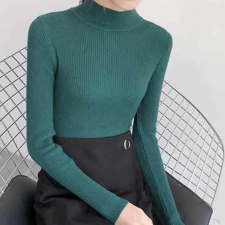 Autumn Winter Mock Neck Sweater | Vintage Solid Knit Pullover for Women - Dhavinci