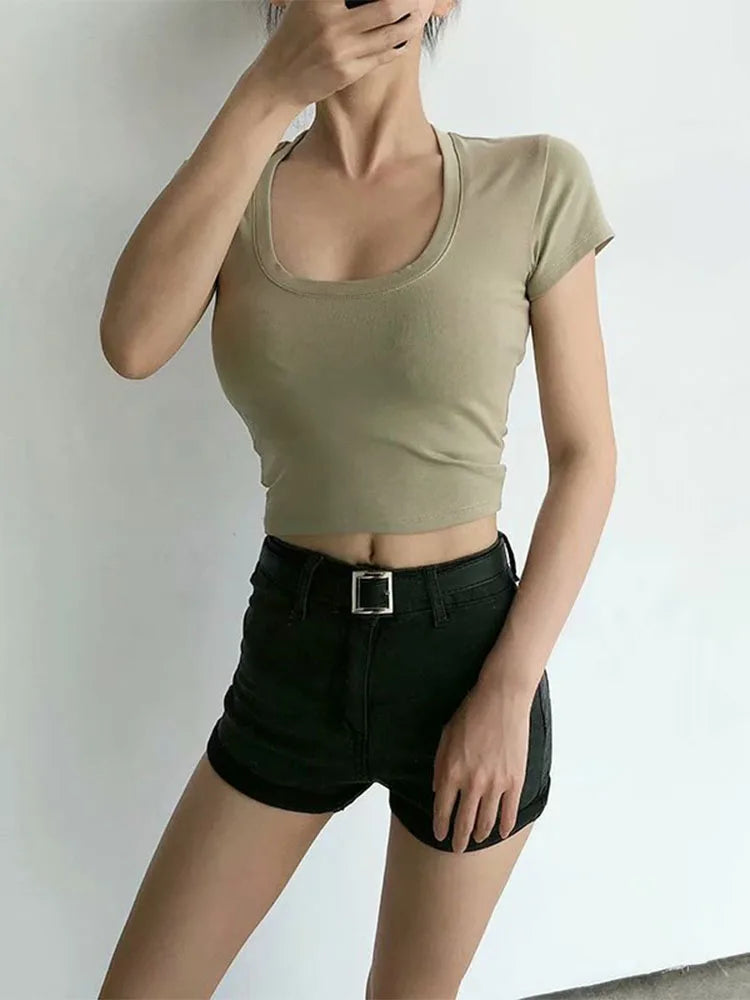 U-Neck Crop Top Solid Color Women Casual High Waist T Shirt Basic Sexy Streetwear Short Sleeve Slimming - Dhavinci