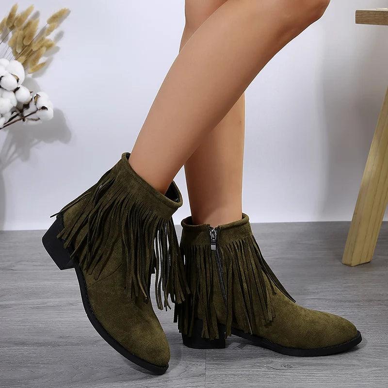 Vintage Fringe Western Cowboy Boots for Women | Faux Suede Ankle Boots - Dhavinci