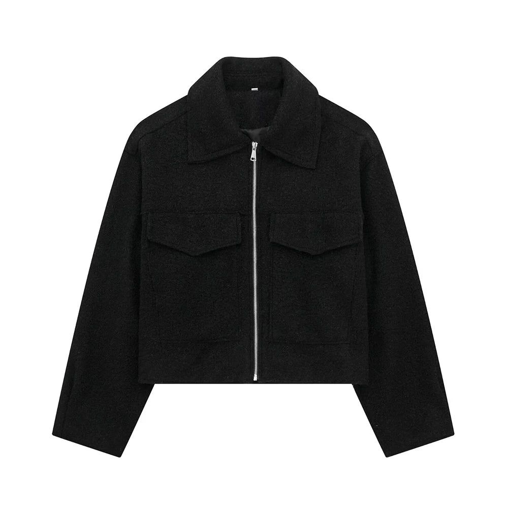 Women’s Cropped Jacket with Patch Pockets | Vintage Long Sleeve Zipper Coat - Dhavinci