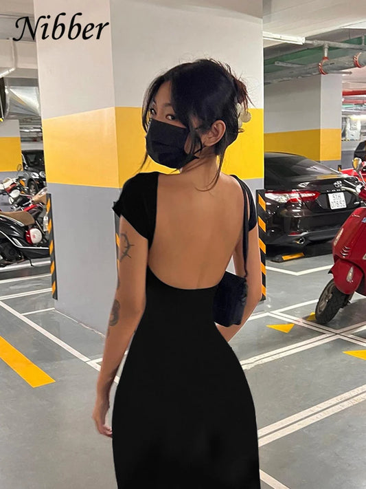 Nibber Solid Sexy Backless Maxi Dress Women Elegant Elastic Slim Short Sleeve Long dresses Female Bodycon Streetwear Clothing - Dhavinci