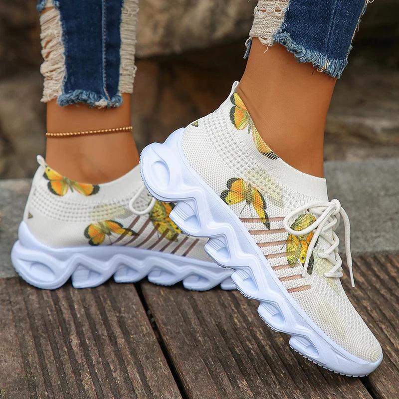 Butterfly Print Platform Sneakers for Women | Slip-On Breathable Flats - Dhavinci