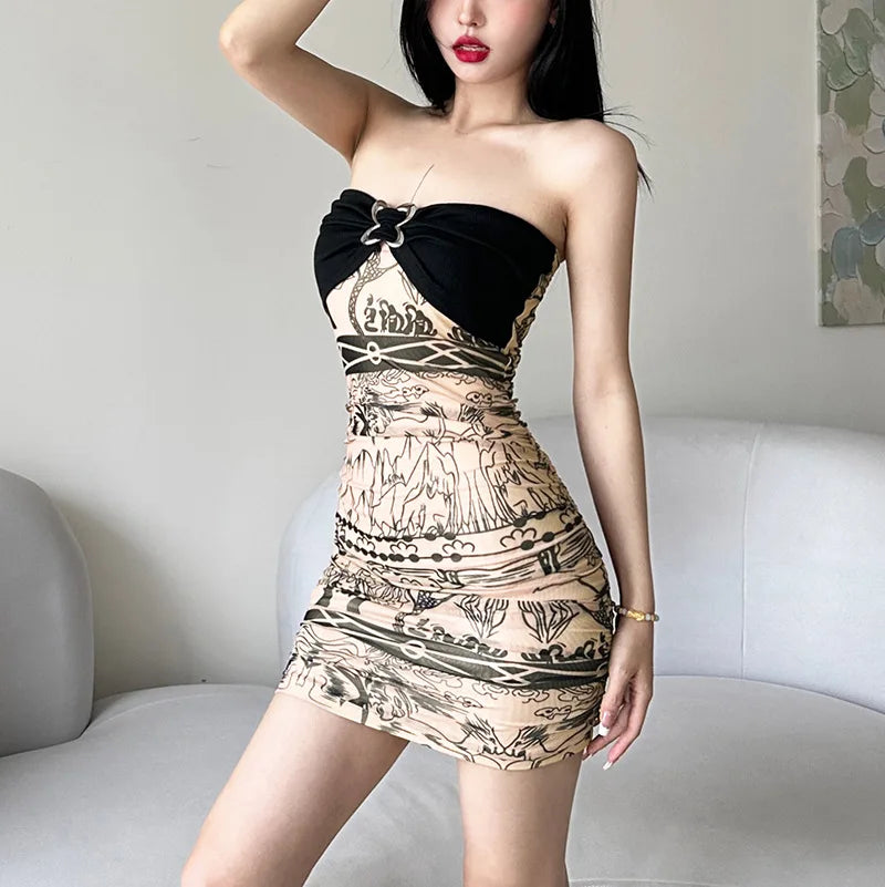 Retro Elegant  Mini Dress For Women 2023 Summer Bachelorette Party Beautiful Feminine Women Sexy Chest Wrapping Dress Women - Dhavinci