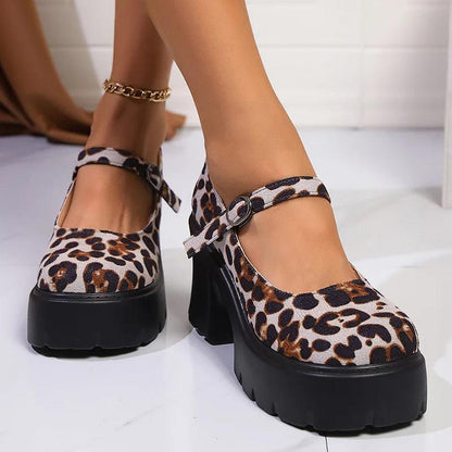 Leopard Print Platform Pumps for Women | Buckle High Heel Mary Janes - Dhavinci