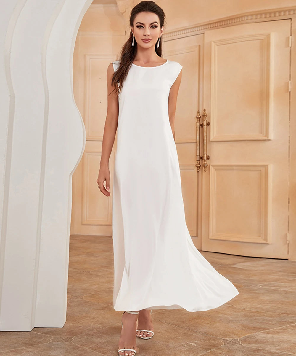 Basic Satin Abaya Inner Dress | White Sleeveless Slip for Eid Ramadan - Dhavinci