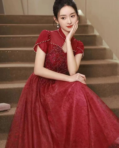 Mandarin Collar Pearls Bachelorette Party Dress Women Elegant Luxury Vintage Red Prom Dress Long - Dhavinci