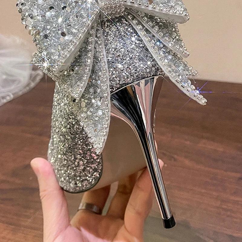 Bling Sequins Women's Pumps - Silver Shiny Bowknot High Heels - Dhavinci