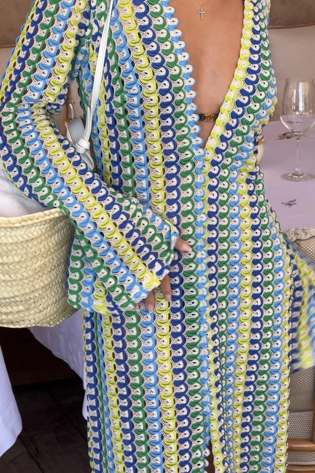 Colorful Stripe Crochet Maxi Dress for Women | Sexy High Split & V-Neck - Dhavinci