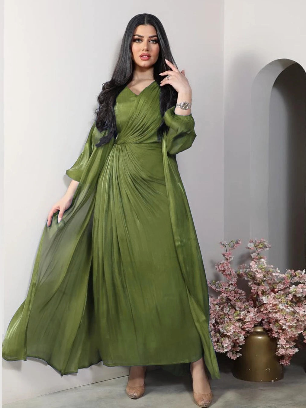 Morocco Party Dress 2 Piece Set | Silky Satin Eid Caftan Abaya - Dhavinci