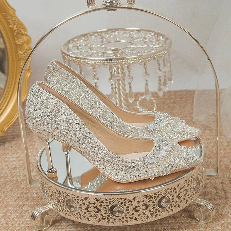 Luxury Crystal Tassels Bride Shoes - Pointed Toe Thin Heels Pumps - Dhavinci