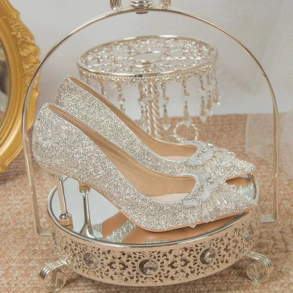 Luxury Crystal Tassels Bride Shoes - Pointed Toe Thin Heels Pumps - Dhavinci